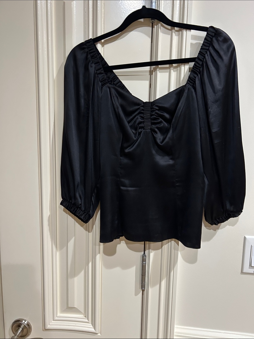 Marciano Black Satin Ruched Square-Neck Blouse